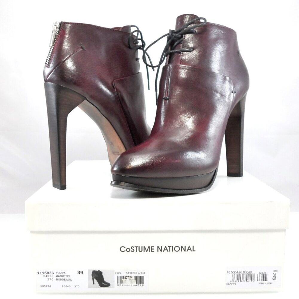 NIB$995 CoSTUME NATIONAL LACED LEATHER ANKLE BOOTS PLATFORM HEELS 39 9